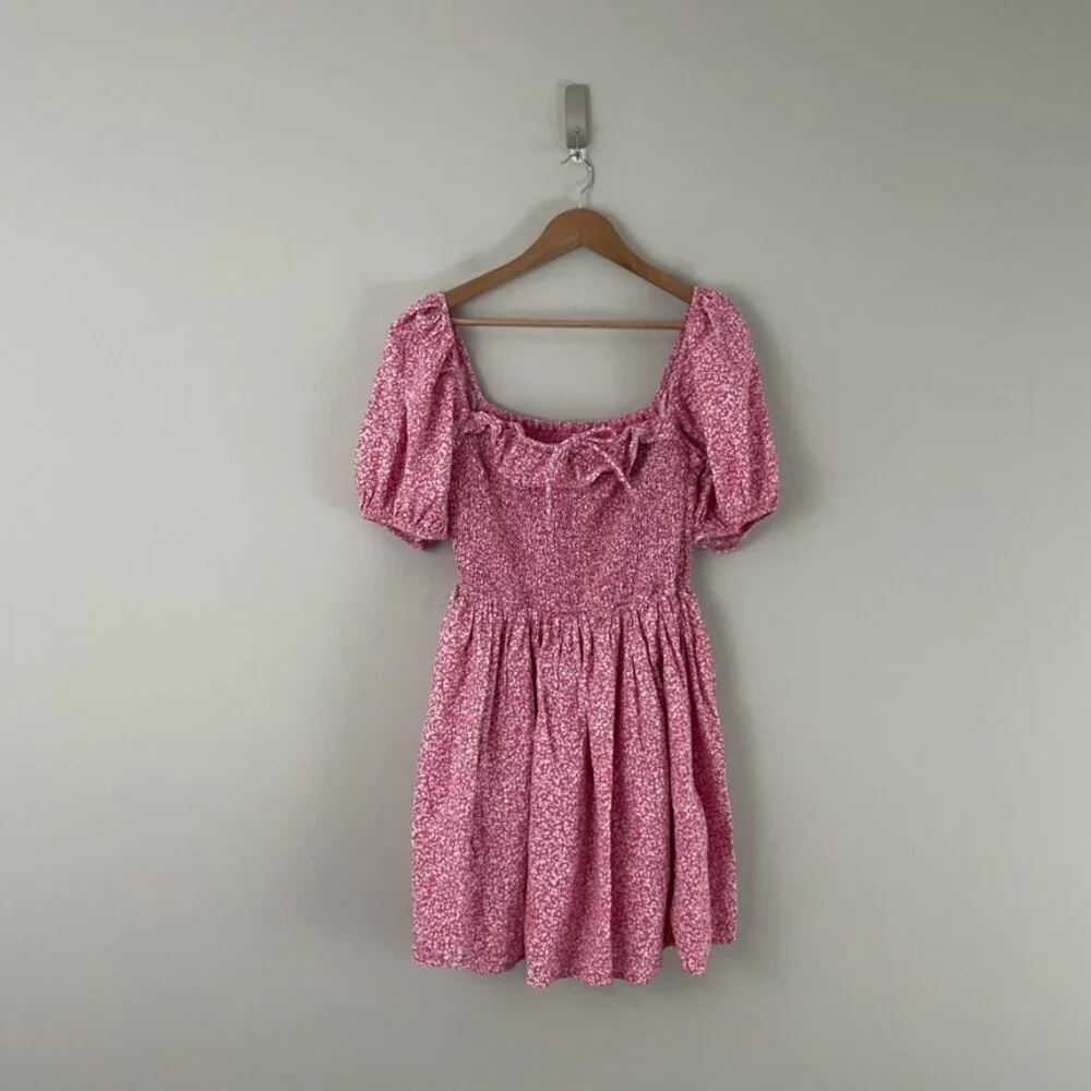 Abercrombie & Fitch Pink Floral Smocked Puff Sleeve Mini Dress Size XL